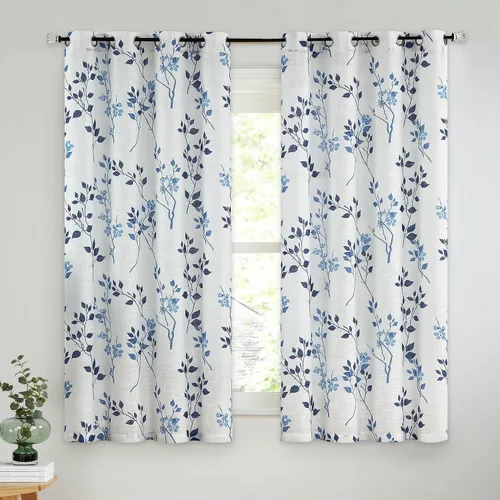 Vista 23 de Beauoop Juego de 2 cortinas semitransparentes de lino floral para sala de Clásico azul y gris