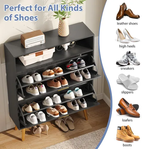 Vista 6 de Armario de almacenamiento para zapatos, organizador de zapatos blanco con 2 cajones abatibles y estante abierto, armario de almacenamiento