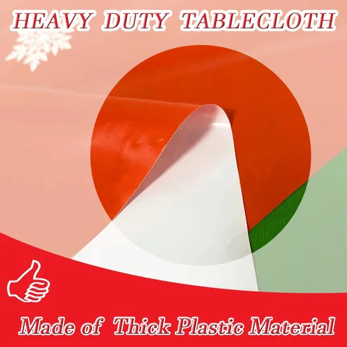 Vista 8 de Mantel de Navidad desechable, mantel de plástico para Navidad, color rojo, verde, blanco, mantel de árbol de renos y copos de nieve para decoración