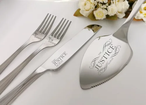 Vista 2 de Personalized Wedding Cake Serving Set, Custom Pie Cutting Tools Gift, Engraved Stainless Steel Knife Server Forks Kit, Anniversary, Birthday, Bridal