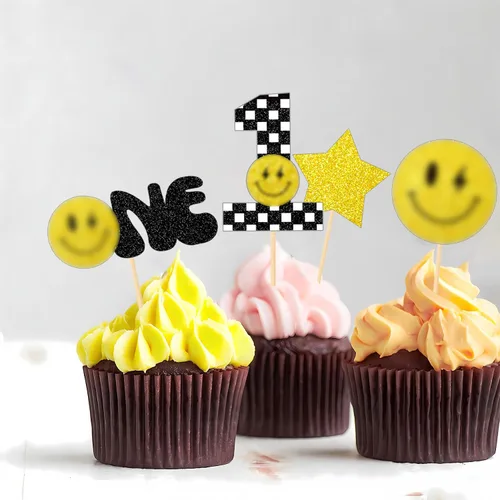 Vista 5 de 24 piezas de decoración para cupcakes de primer cumpleaños de One Happy Dude - Groovy One Cool Dude