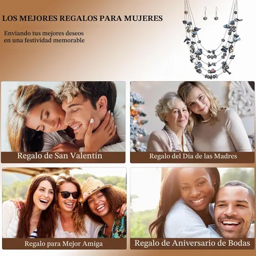 Vista 6 de Collar de cuentas de concha bohemia de varias capas para mujer, hebra de cristal colorida con cuentas plateadas, collares y aretes, disfraces