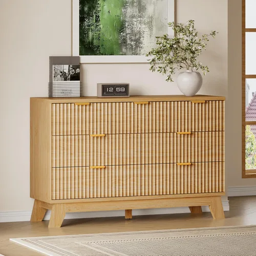 Vista 60 de BORNOON Cómoda acanalada de 3 cajones, 30.3 pulgadas de alto, cómoda bohemia compacta y moderna, armario de almacenamiento de madera