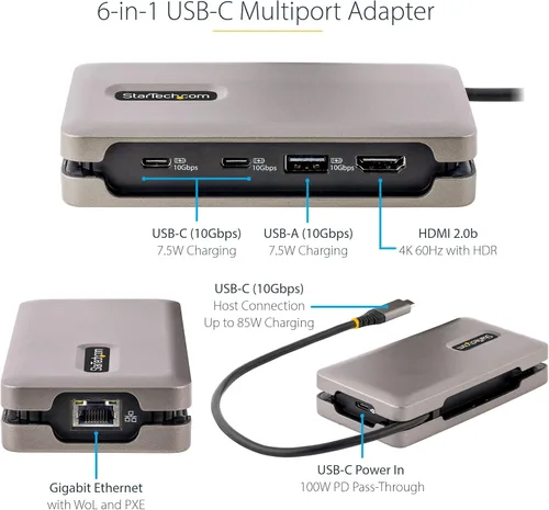 Vista 3 de StarTech Estación de acoplamiento USB-C para MacBook Pro M1 M2 M3 M4 y Windows, 4K 60Hz HDMI, HDR, USB 10Gbps Hub, carga de portátil de 100 W, GbE
