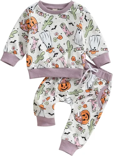 Vista 51 de YINGISFITM Conjunto de camisa de calabaza de Halloween para bebé, niña, niño, sudadera y pantalones para otoño e invierno