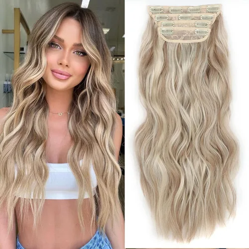 Vista 25 de 4 piezas de extensiones de cabello rizado con clip, color dorado oscuro, mezcla de rubio beige, sintético de 20 pulgadas de largo, extensiones