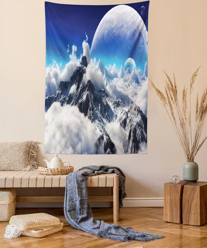Vista 55 de Ambesonne Tapiz verde, fases lunares alrededor de un árbol de la vida, impresión de diseño bohemio de astrología nocturna, decoración de tela