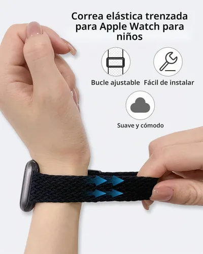Vista 4 de OWKEY Correa trenzada Solo Loop compatible con Apple Watch para niños, correa elástica transpirable con hebilla fácil para iWatch Series 9, 8, 7, 6