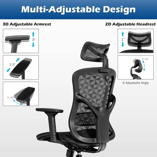 Vista 3 de Ergonomic Office Chair, High Back Office Chair with Adjustable Lumbar Support Comfortable Thick Cushion Computer Desk Chair Wide Headrest &