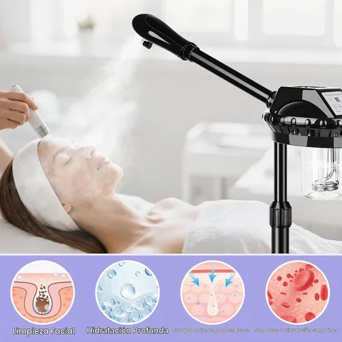 Vista 5 de Vaporizador facial, vaporizador facial poressional sobre ruedas con función de temporizador, vaporizador facial de ozono para spa, salón y uso
