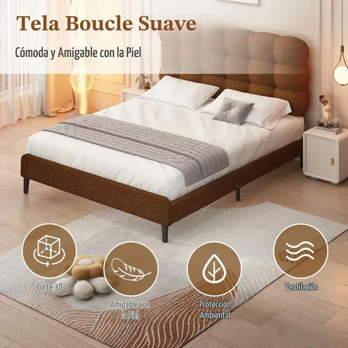 Vista 4 de Base de cama individual BarnFurin con cabecera tapizada, tela suave tipo bouclé, cama plataforma con fuerte soporte de listones de madera, diseño