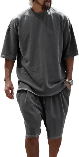 Vista 6 de Conjunto casual de 2 piezas para hombre, conjunto deportivo de manga corta, cuello redondo, camiseta y pantalones cortos, conjunto casual de dos