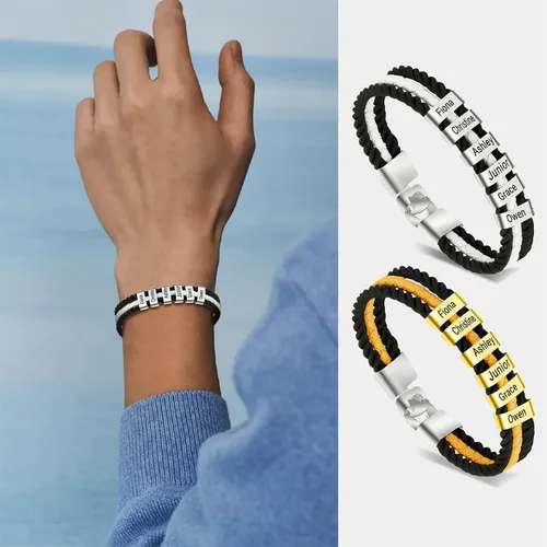 Vista 70 de Pulseras de cuero personalizadas para hombre con 1-6 nombres, pulsera trenzada personalizada con cuentas para papá, marido, día del padre, San