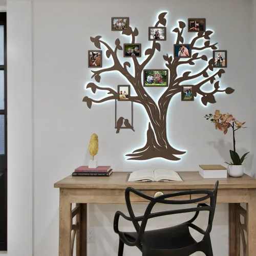 Vista 7 de JustLikeWood Calcomanías de pared de árbol genealógico de madera 3D LED de 83 x 79 pulgadas con marco, decoración de pared para sala de estar Nogal