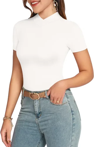 Vista 3 de MANGOPOP Leotardo básico de manga corta con cuello alto falso para mujer