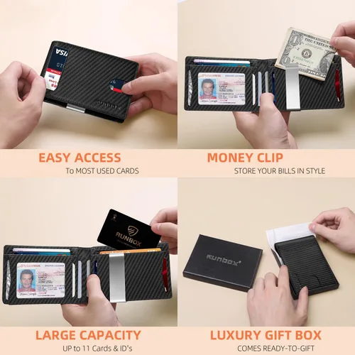 Vista 130 de RUNBOX - Carteras delgadas para hombre, cartera de piel con pinza para el dinero, cartera de bolsillo frontal con bloqueo RFID, tarjetero