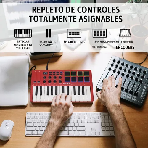 Vista 3 de M-VAVE Controlador de teclado MIDI USB de 25 teclas con 8 almohadillas de batería retroiluminadas, Bluetooth, teclado dinámico semi-pesado Rojo