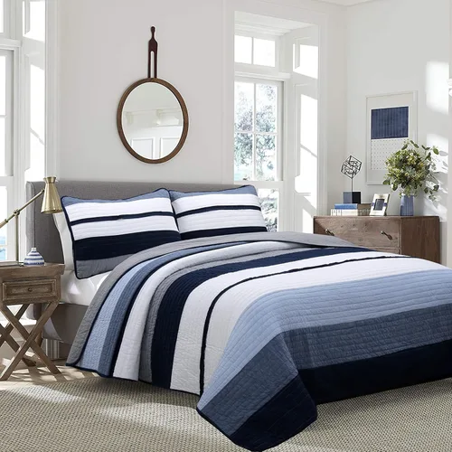 Vista 14 de Cozy Line Home Fashions - Juego de ropa de cama acolchada reversible de 100% algodón, con rayas azul marino y rojo, para niño, colcha, colcha