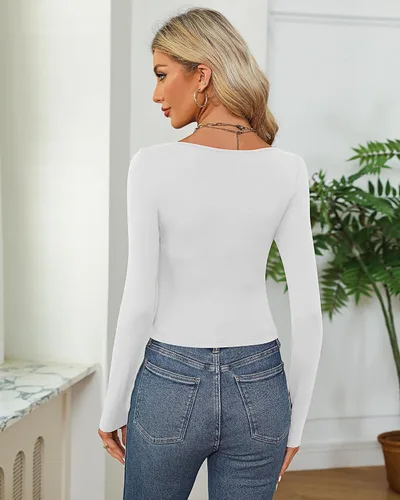Vista 3 de 3 piezas de camisetas cortas básicas de manga larga para mujer, ajustadas, cuello redondo, color liso, casual, para mujer