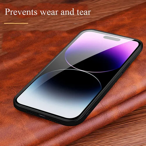 Vista 5 de Funda de cuero para iPhone 14/14 Plus/14 Pro/14 Pro Max, piel auténtica de lujo, ajuste delgado, ligera, antideslizante, a prueba de golpes, funda