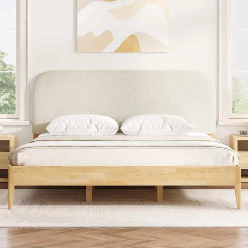 Vista 19 de KISLOT Marco de cama de madera con cabecera tapizada, marrón, tamaño Queen
