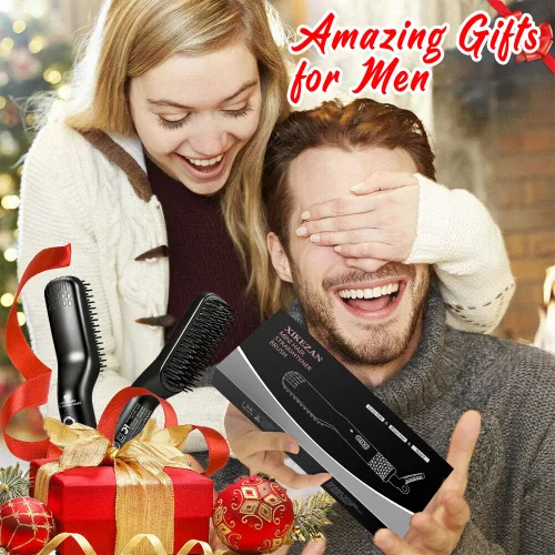 Vista 6 de Alisador de barba para hombres, cepillo térmico de alta calidad con función antiquemaduras, peine alisador de barba, regalo único para el día