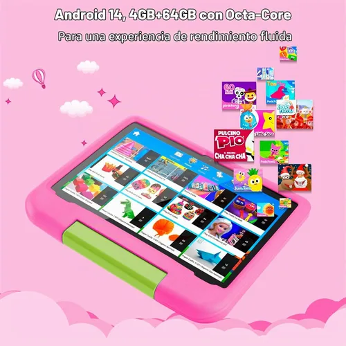Vista 4 de Tableta para niños de 10 pulgadas, dispositivo Android 14 para niños pequeños, Octa-Core, 64GB, 5000mAh, WiFi 6 2.4/5GHz, pantalla IPS HD Rosa