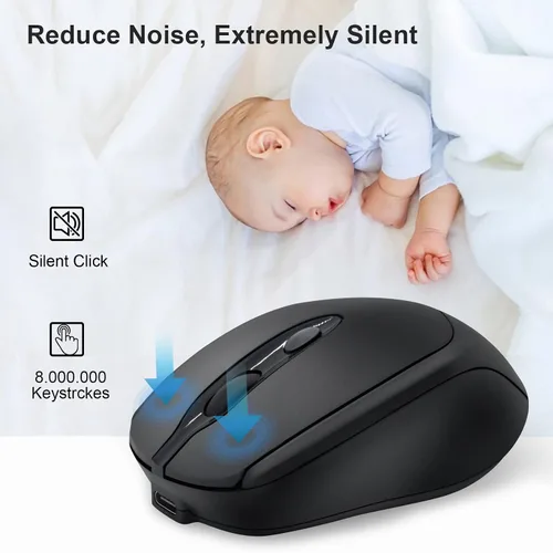Vista 5 de Ratón inalámbrico recargable Bluetooth silencioso para portátil, iPad, MacBook, PC, Surface Pro, Lenovo, tableta Samsung, diseño ergonómico (negro)