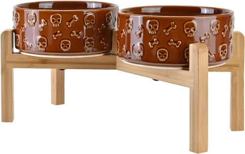 Vista 38 de SPUNKYJUNKY Cuencos elevados de cerámica para perros, 5.1 pulgadas, para comida de perros y gatos, cuencos elevados con soporte de bambú Verde oscuro