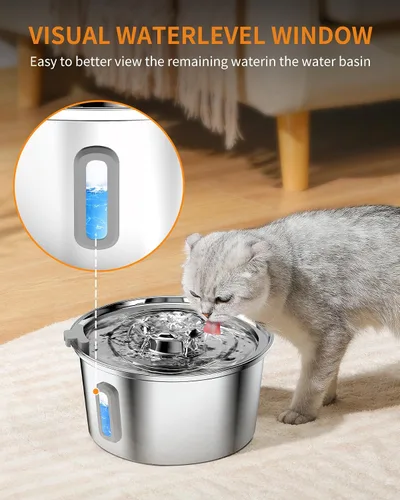Vista 2 de Fuente de agua para gatos, fuente para gatos de 3.2L/108 onzas con ventana de nivel de agua, fuente de agua para mascotas de acero inoxidable