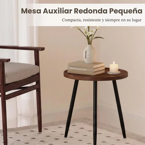 Vista 3 de danpinera Mesa auxiliar redonda, mesa decorativa con patas de metal con bandeja de madera, mesa auxiliar redonda pequeña para sala de estar