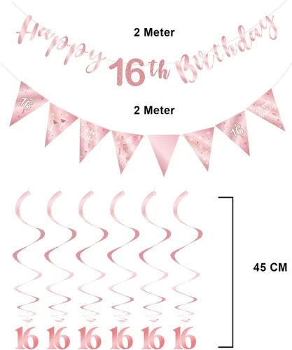 Vista 3 de Decoración de cumpleaños número 16 de oro rosa para niñas, pancarta de feliz cumpleaños 16, remolinos de banderines, pancarta de bandera triangular