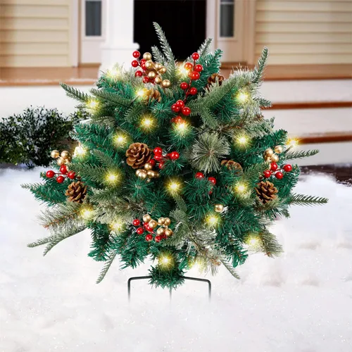 Vista 6 de Glintoper Relleno de urna de Navidad artificial iluminada, pinos de Navidad preiluminados con conos, bayas doradas y rojas, estaca de trípode y 60