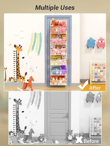 Vista 7 de Organizador colgante para colgar sobre la puerta con 6 estantes, almacenamiento de animales de peluche, almacenamiento detrás de la puerta