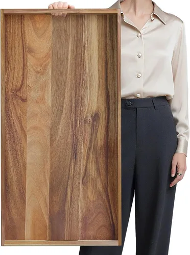 Vista 12 de MAONAME Bandeja otomana extra grande, bandeja de servir de madera de acacia de 22 x 18 pulgadas con asas, bandejas decorativas de madera