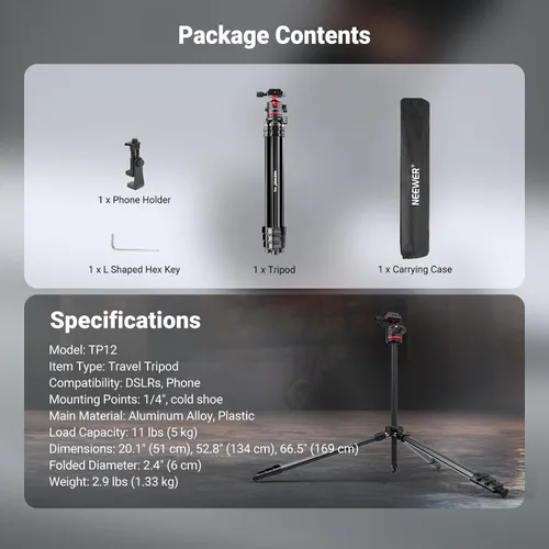 Vista 8 de NEEWER Basics - Trípode de viaje de 66.5"/169 cm para cámara, soporte DSLR portátil ligero con cabeza de bola, placa QR tipo Arca, soporte