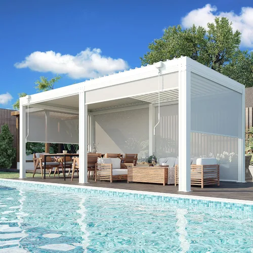 Vista 17 de EROMMY Pérgola con Persianas de 10x10 Pies, Refugio de Sombra Solar para Exteriores con Marco de Aluminio y Techo de Metal Ajustable Resistente a