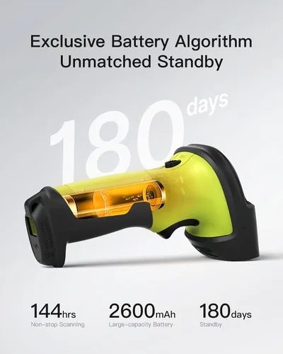 Vista 6 de Inateck Escáner de código de barras, escáner inalámbrico, 1 carga 180 días en espera, rango de 35M, escaneo automático, BCST-60 verde