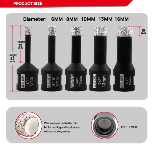 Vista 2 de DT-DIATOOL Broca de núcleo de diamante de 1/4 pulgada con hilo 5/8"-11 de vacío soldado para baldosas de porcelana, cerámica, gres, mármol, granito