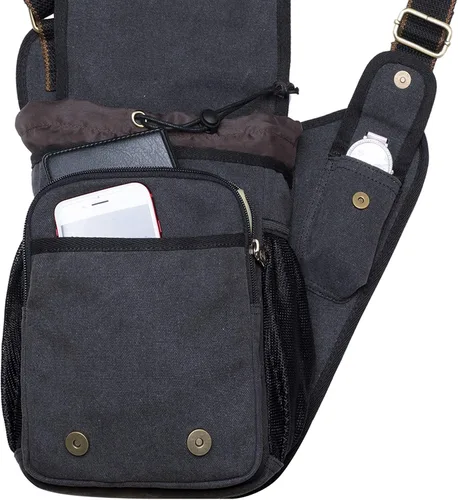 Vista 6 de Bolso de mensajero de lona vintage para hombre, bolso de mensajero de retazos de cuero en el pecho