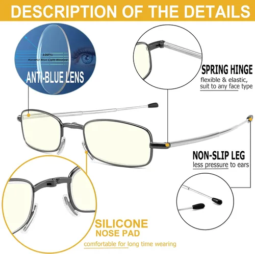 Vista 4 de Folding Reading Glasses Blue Light Blocking, Soft Nose Pad Spring Hinge Portable Thin Readers for Men Women 3 Pack