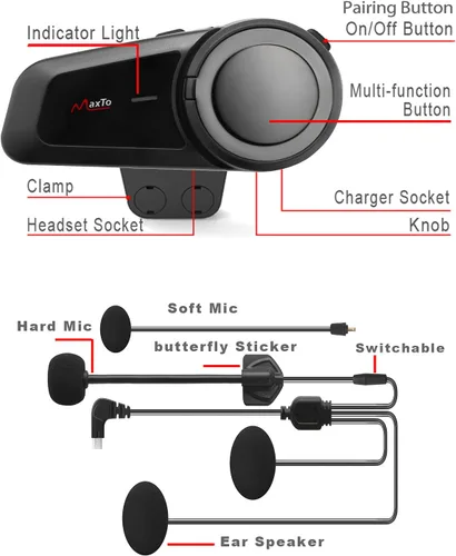 Vista 4 de Auriculares Bluetooth para motocicleta, MaxTo M2, casco de motocicleta Bluetooth5.0, 6 vías 3280 pies, sistema de comunicación de intercomunicación