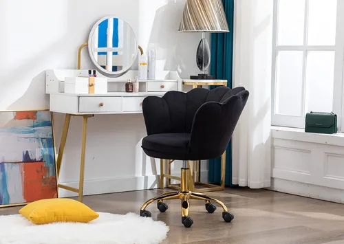 Vista 6 de Cómoda silla de trabajo para oficina en casa con ruedas, bonita y moderna tapizada de terciopelo con respaldo de concha, silla de escritorio Negro