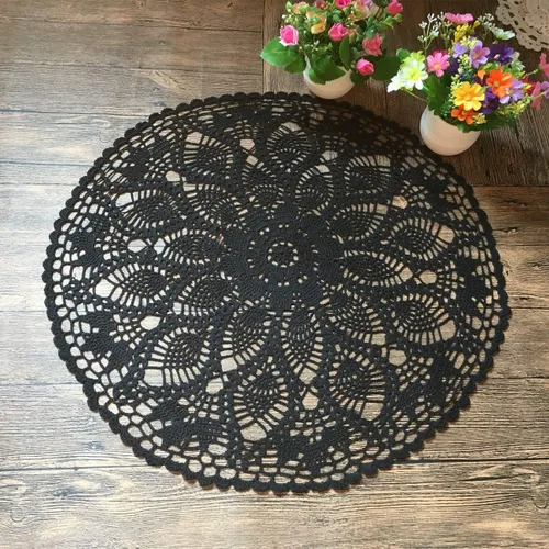Vista 3 de MINDPLUS Tela de mesa de ganchillo de encaje de los tejidos del ganchillo de la mano del algodón Doily 24 pulgadas redondo negro
