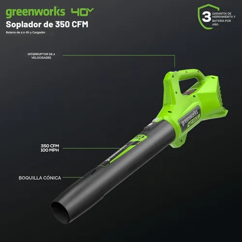 Vista 2 de Greenworks - Soplador de hojas axial inalámbrico de 40 V (100 m/hr, 350 CFM), incluye batería de 2.0 Ah y cargador