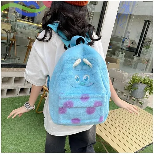 Vista 5 de Mochila Kawaii Fuzzy Daypack, lindo diseño de animales esponjosos Y2K, elegante, de dibujos animados, bolsa de hombro diaria, Azul, Mochilas Daypack