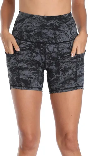 Vista 5 de Oalka Pantalones cortos de yoga para mujer, con bolsillos laterales, cintura alta, para entrenamiento, correr, deportes, 4 pulgadas