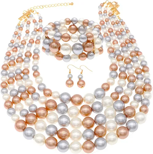 Vista 11 de JNF Collares grandes de perlas de imitación para mujer, collar de perlas de múltiples hebras, pulsera y aretes, collar de perlas para disfraz Negro