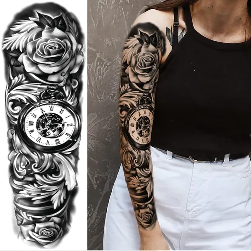 Vista 4 de Mangas temporales de tatuaje de bosque, brazo completo, lobo grande, león, animal, bosque, tribal, tatuajes falsos para hombres, mujeres y adultos