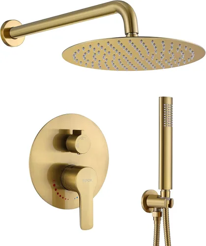 Vista 14 de TIPOK Sistema de ducha dorado cepillado con cabezal de ducha redondo de 8 pulgadas y de mano, juegos completos de grifos de ducha tipo lluvia Oro